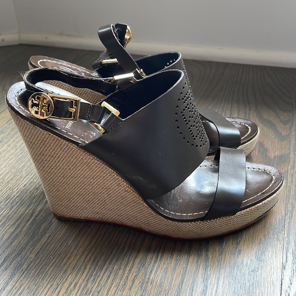 Women’s Tory Burch Brown Leather Platform Wedge Sandals Size 10